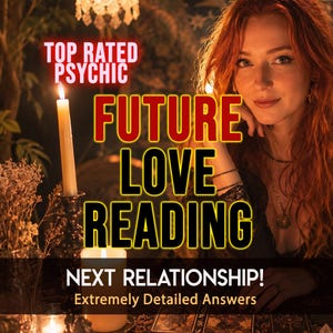 Puede incluir: Imagen que promociona un servicio de psíquico con el texto "TOP RATED PSYCHIC" y "FUTURE LOVE READING". Se presenta a una mujer pelirroja, junto con una vela encendida y cartas del tarot. También está presente el texto "NEXT RELATIONSHIP! Extremely Detailed Answers".
