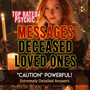 Op de afbeelding: Afbeelding van een vrouw met rood haar, met tekstoverlay: "TOP RATED PSYCHIC" en "MESSAGES DECEASED LOVED ONES." Extra tekst luidt "*CAUTION* POWERFUL! Extremely Detailed Answers."