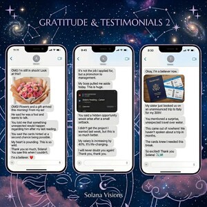 Peut inclure: Image de trois smartphones affichant des messages texte et des images. Les messages expriment de la gratitude et des t&eacute;moignages. L'arri&egrave;re-plan pr&eacute;sente un design c&eacute;leste avec le texte "GRATITUDE & TESTIMONIALS 2" et "Solana Visions".