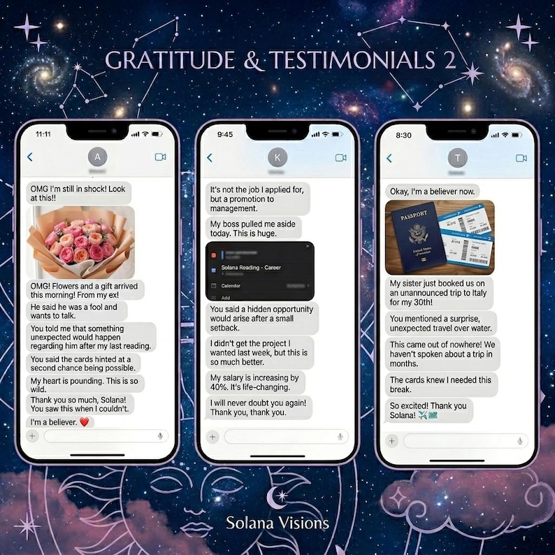 Peut inclure: Image de trois smartphones affichant des messages texte et des images. Les messages expriment de la gratitude et des t&eacute;moignages. L'arri&egrave;re-plan pr&eacute;sente un design c&eacute;leste avec le texte "GRATITUDE & TESTIMONIALS 2" et "Solana Visions".