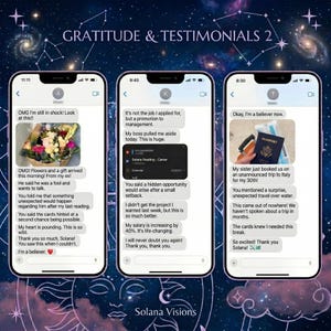 May include: Three smartphone screens displaying text message conversations titled GRATITUDE & TESTIMONIALS 2. The messages contain personal feedback about psychic readings, including mentions of flowers, a job promotion, and a surprise trip to Italy.
