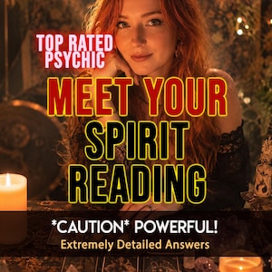 May include: Image promoting psychic readings. Text reads "TOP RATED PSYCHIC" and "MEET YOUR SPIRIT READING". Additional text states "*CAUTION* POWERFUL! Extremely Detailed Answers". A woman with red hair is featured in the image.