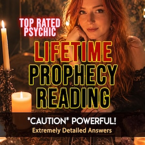 May include: Image featuring a woman with red hair, with text overlay: "TOP RATED PSYCHIC" and "LIFETIME PROPHECY READING." The text is in red and yellow. The image also includes lit candles and the text "*CAUTION* POWERFUL! Extremely Detailed Answers."