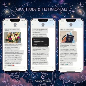 May include: A digital graphic with three smartphone screens displaying text messages. The messages share positive testimonials about Solana Visions. The background features a starry night sky and the text "GRATITUDE & TESTIMONIALS 2".