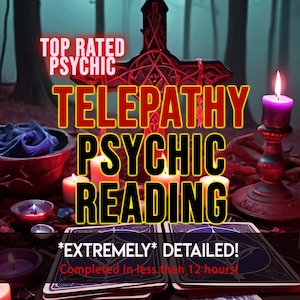 Op de afbeelding: Een donkere scène met een rood kruis, meerdere brandende kaarsen en tarotkaarten. De tekst luidt: TOP RATED PSYCHIC TELEPATHY PSYCHIC READING *EXTREMELY* DETAILED! Completed in less than 12 hours! Een kom met blauwe stof is in de scène aanwezig.