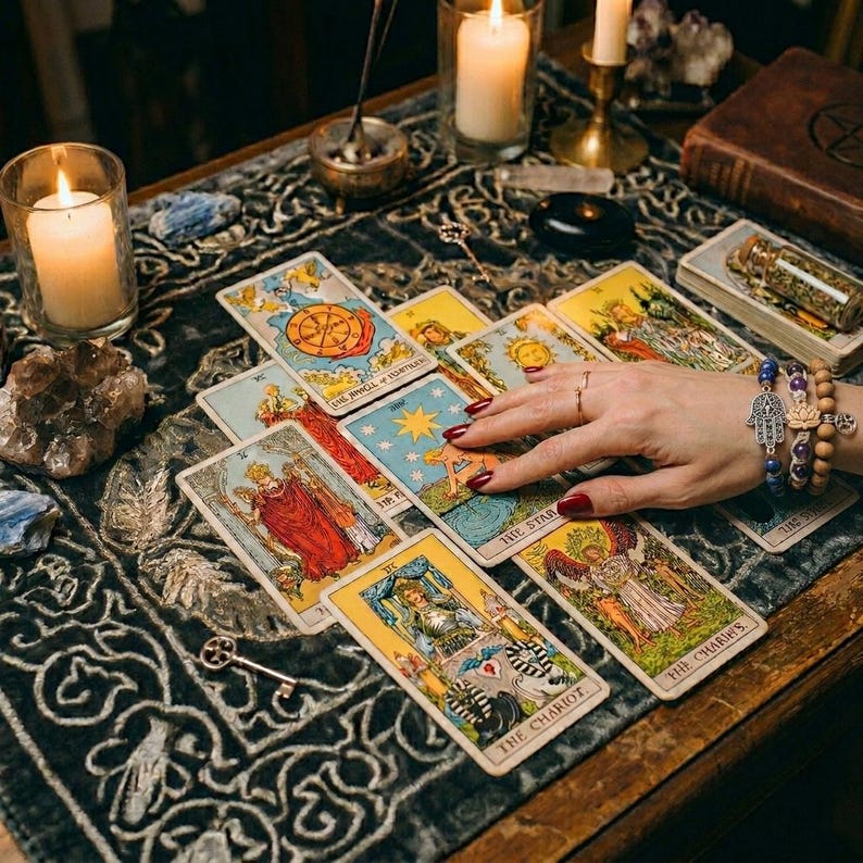 May include: A tarot card reading setup with lit candles, crystals, and a hand touching the cards. The cards are spread out on a dark patterned cloth, with various illustrations and titles visible. Wooden bracelets and a key are also present.