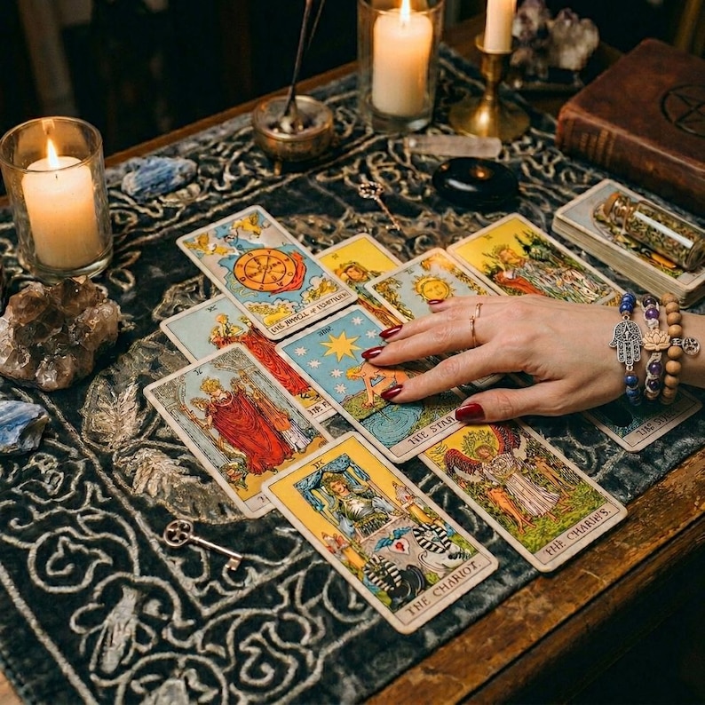 May include: A tarot card reading setup with lit candles, crystals, and a deck of cards. The cards are spread out on a dark patterned cloth, with a hand resting on them. The cards feature colorful illustrations and titles.