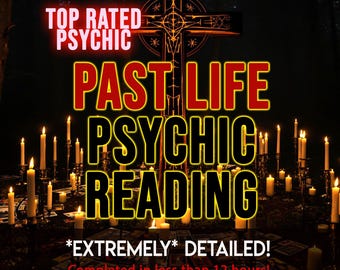 Può includere: Una scena scura con una grande croce dai motivi complessi, circondata da numerose candele accese e carte dei tarocchi sparse. Il testo recita: TOP RATED PSYCHIC, PAST LIFE PSYCHIC READING, *EXTREMELY* DETAILED!, Completed in less than 12 hours!