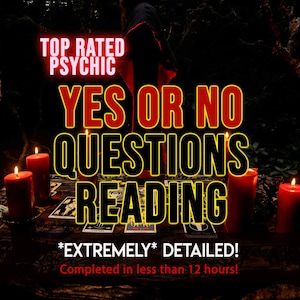 Può includere: Una scena scura con quattro candele rosse a colonna che circondano una serie di carte dei tarocchi su un tavolo. Il testo sovrapposto recita: TOP RATED PSYCHIC, YES OR NO QUESTIONS READING, *EXTREMELY* DETAILED! e Completed in less than 12 hours!