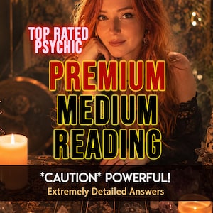 May include: Image featuring a woman with red hair, with text that reads "TOP RATED PSYCHIC" and "PREMIUM MEDIUM READING". Additional text states "*CAUTION* POWERFUL! Extremely Detailed Answers". A lit candle is in the foreground.