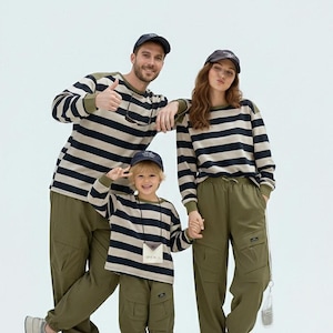 Mother Son Matching Outfits Japanese Green Stripe Sweatshirt Long Sleeve T-Shirt Family Matching Sets