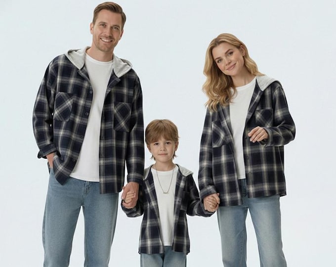 Family Matching Outfits: Hooded Flannel Shirt Mommy Daddy and Me Set, Fall Winter Photoshoot Family Outfit