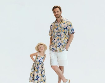 Matchande Hawaiiskjorta och sommarklänning för far och son: Familjesemesteroutfit