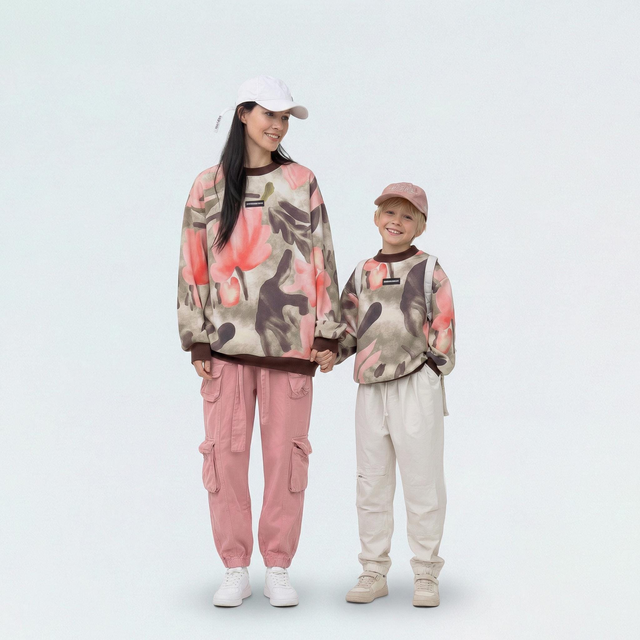 Valentine's Mommy and Me Sweatshirts: All Over Floral Print Crewneck Pullover, Colorblock Matching Outfit