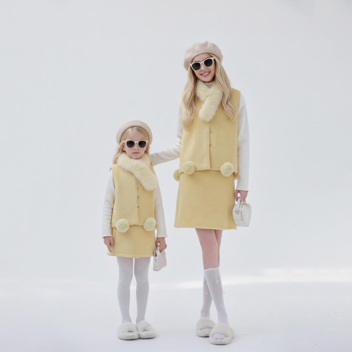 Mommy and Me Outfits: Soft Pom Fleece Vest & Skirt Set, New Year Matching Outfit