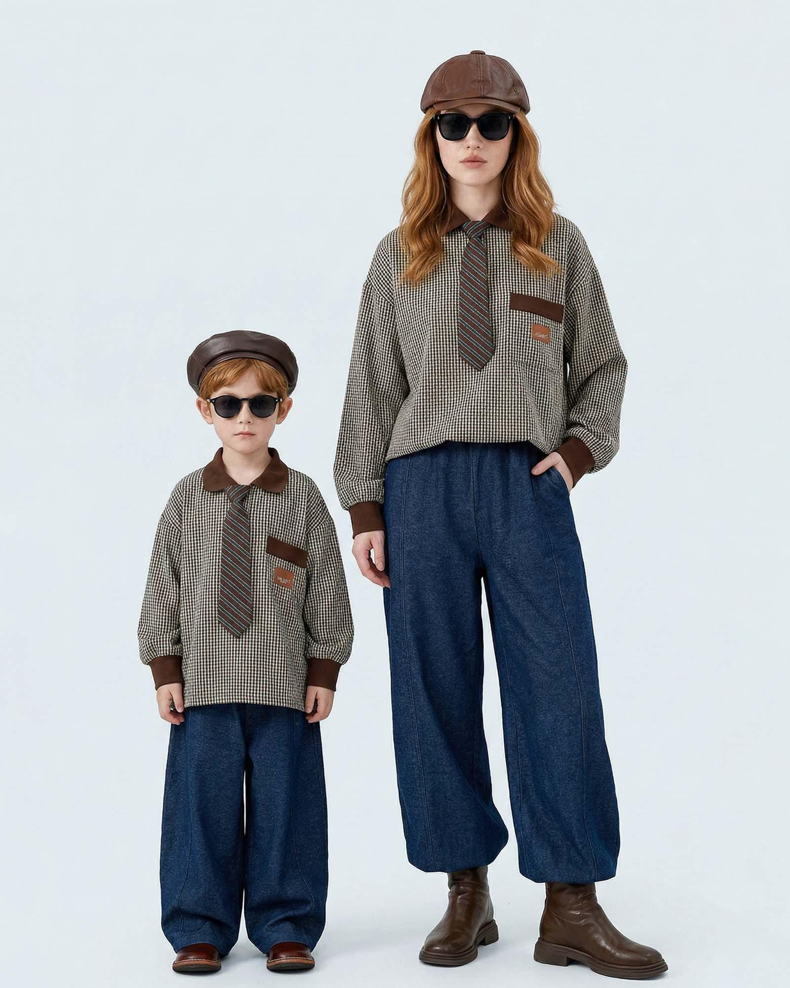 Mommy and Me Outfits Plaid Polo Shirt with Tie Mother Son Daughter Matching Shirts