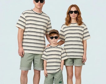 Bijpassend gestreept T-shirt familie-outfits | Japans zomer-T-shirt met cacao | Bijpassende shirts moeder zoon dochter