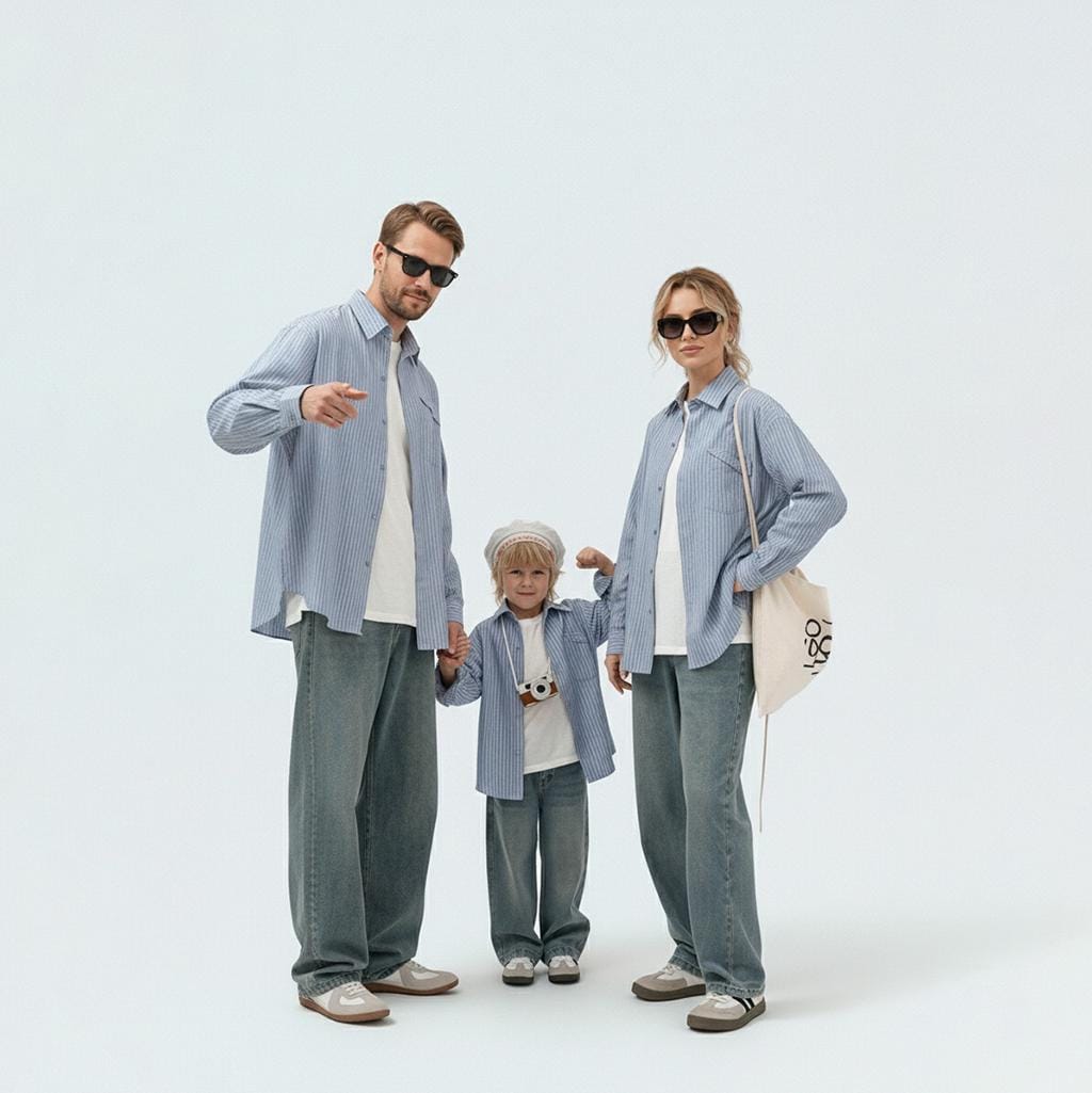 Family Matching Striped Shirts: Casual Spring Fall Family Outfits, Mom Dad Kid Button-Down Set