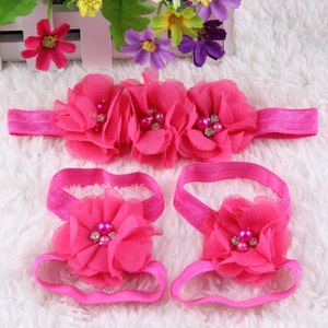 Baby Stirnband und Sandale Set - Barfuß Sandalen - Footies - Säugling Blumen Sandalen - Blumen Sandalen - Baby Schuhe - 18 Farben zur Auswahl