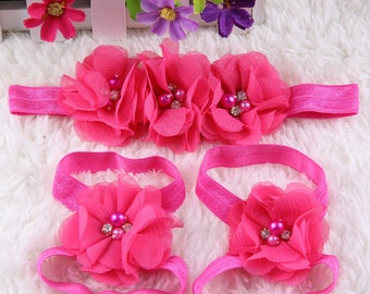 set van 18 babyset met hoofdband en sandalen - blootsvoets sandalen - footies - bloemensandalen voor baby's - bloemensandalen - babyslofjes - 18 kleuren om uit te kiezen