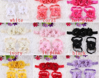 Conjunto de 10 sandalias descalzas para bebé, conjunto de diadema y sandalias, sandalias de flores para bebé, zapatos de verano para bebé, zapatos de bebé, 18 colores para elegir