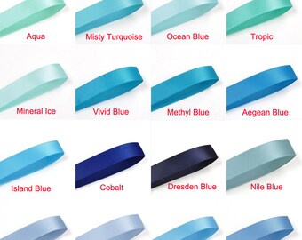 May include: A collection of sixteen satin ribbons in various shades of blue and aqua. Each ribbon is labeled with its color name, including "Aqua", "Cobalt", and "French Blue". The ribbons are arranged in a grid, showcasing the range of hues.