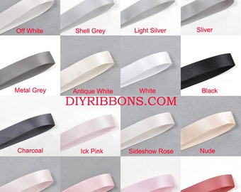 May include: A collection of 16 different colors of satin ribbon, including off white, shell grey, light silver, silver, metal grey, antique white, white, black, charcoal, ick pink, sideshow rose, nude, powder pink, lt. pink, pearl pink, and cinnabar. The ribbon is displayed on a white background. DIYRIBBONS.COM is printed in red at the bottom of the image.