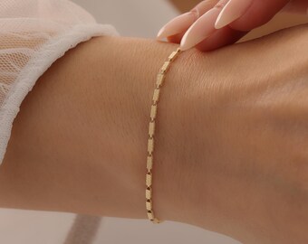 Pulsera de cadena de oro macizo de 14 quilates, pulsera minimalista de azulejos de oro amarillo, joyería fina para mujer en capas, delicado regalo de cumpleaños para ella.
