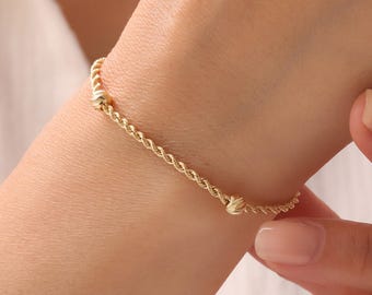 14K Solid Gold Ball Rope Chain Bracelet,  Beaded Jewelry