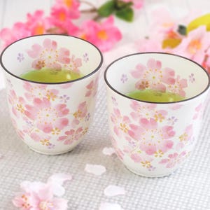 Puede incluir: Dos tazas de té de cerámica blanca llenas de líquido verde, adornadas con diseños de flores de cerezo rosas. Las tazas tienen un borde negro y están sobre una superficie gris claro, con flores rosas en el fondo.