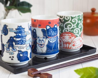Set of 3 Japanese Sushi Teacup | Lucky Cat, Ninja & Daruma | Kawaii Folk Art Yunomi | Mino Ware Made in Japan Gift