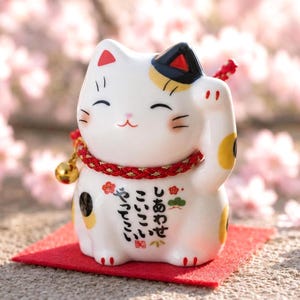 Może przedstawiać: Biała ceramiczna figurka kota Maneki-neko z podniesioną łapą, w czerwonym kołnierzu ze złotym dzwonkiem. Kot ma czarne, żółte i czerwone akcenty oraz japoński tekst na ciele. Siedzi na czerwonej macie.