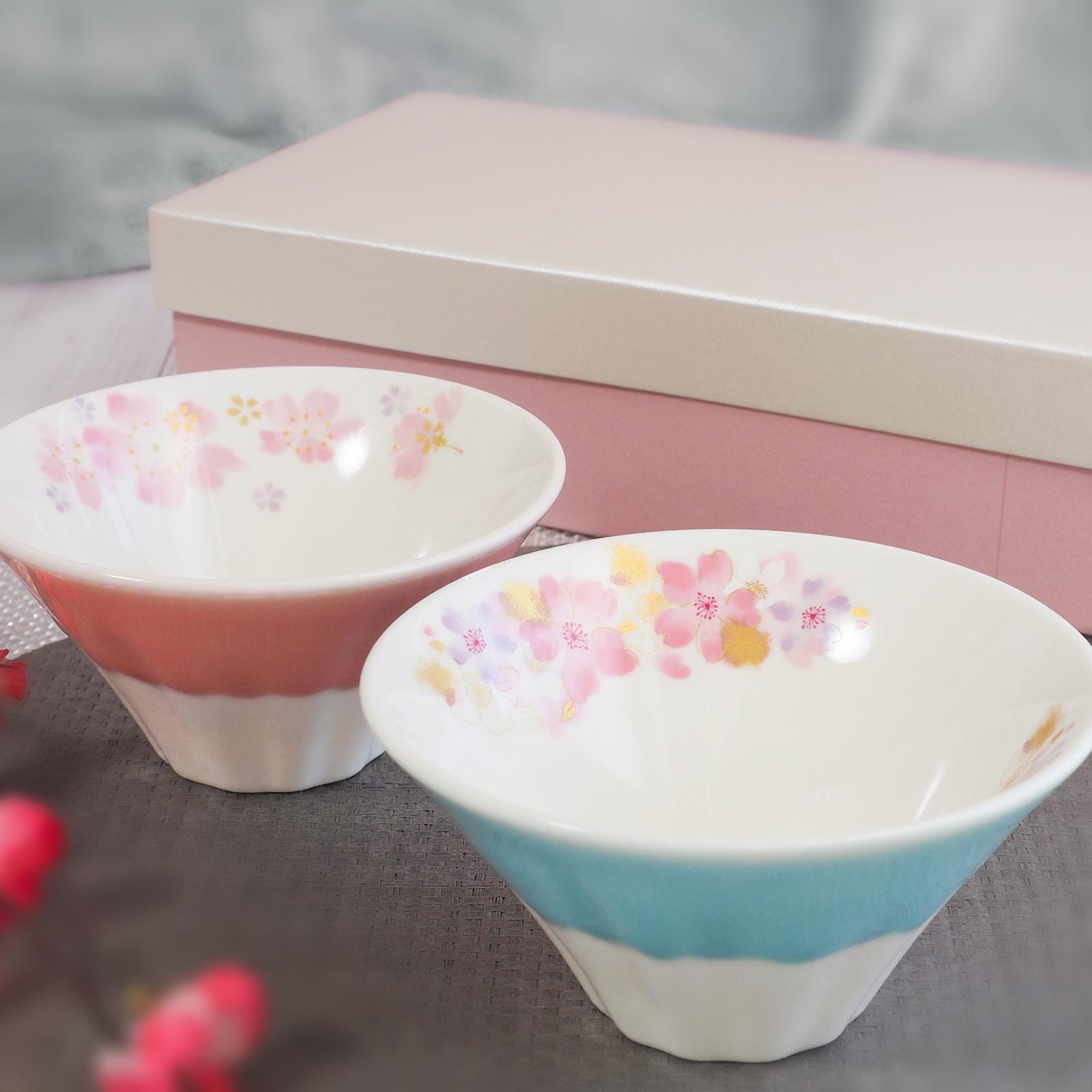 Japanese Sakura Rice Bowl Set of 2 Mt Fuji Design Cherry Blossom Gold ...