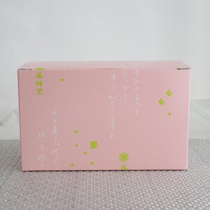 May include: A pink rectangular box with Japanese text and green geometric shapes. The box has text in Japanese on the side and top. The box is sitting on a textured, light gray surface.