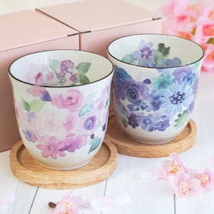 Japanese Yunomi Tea Cup Set of 2 Cherry Blossom and Floral Bouquet Pink, Blue | Sakura Design | Mino Ware | Microwave Safe | Made in Japan