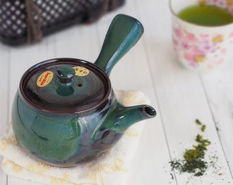 Tetera japonesa esmaltada en verde azulado, 380 ml, hojas sueltas, Sencha, Tokoname Kyusu, tetera artesanal con asa lateral, hecha en Japón, regalo para amantes del té.