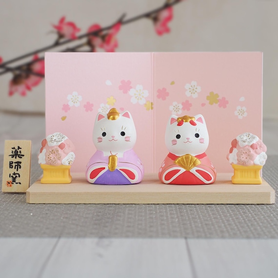 Japanese Cat Hina Dolls Pair | Handmade Yakushigama Pottery | Hinamatsuri Girls Day Good Luck Decor Lucky Cat Spring Ornament Made in Japan