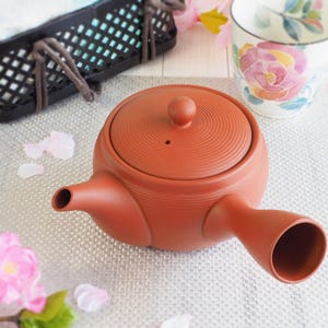 May include: A reddish-brown ceramic teapot with a side handle and a lid. The lid has concentric circular ridges and a small knob. A floral teacup is in the background.