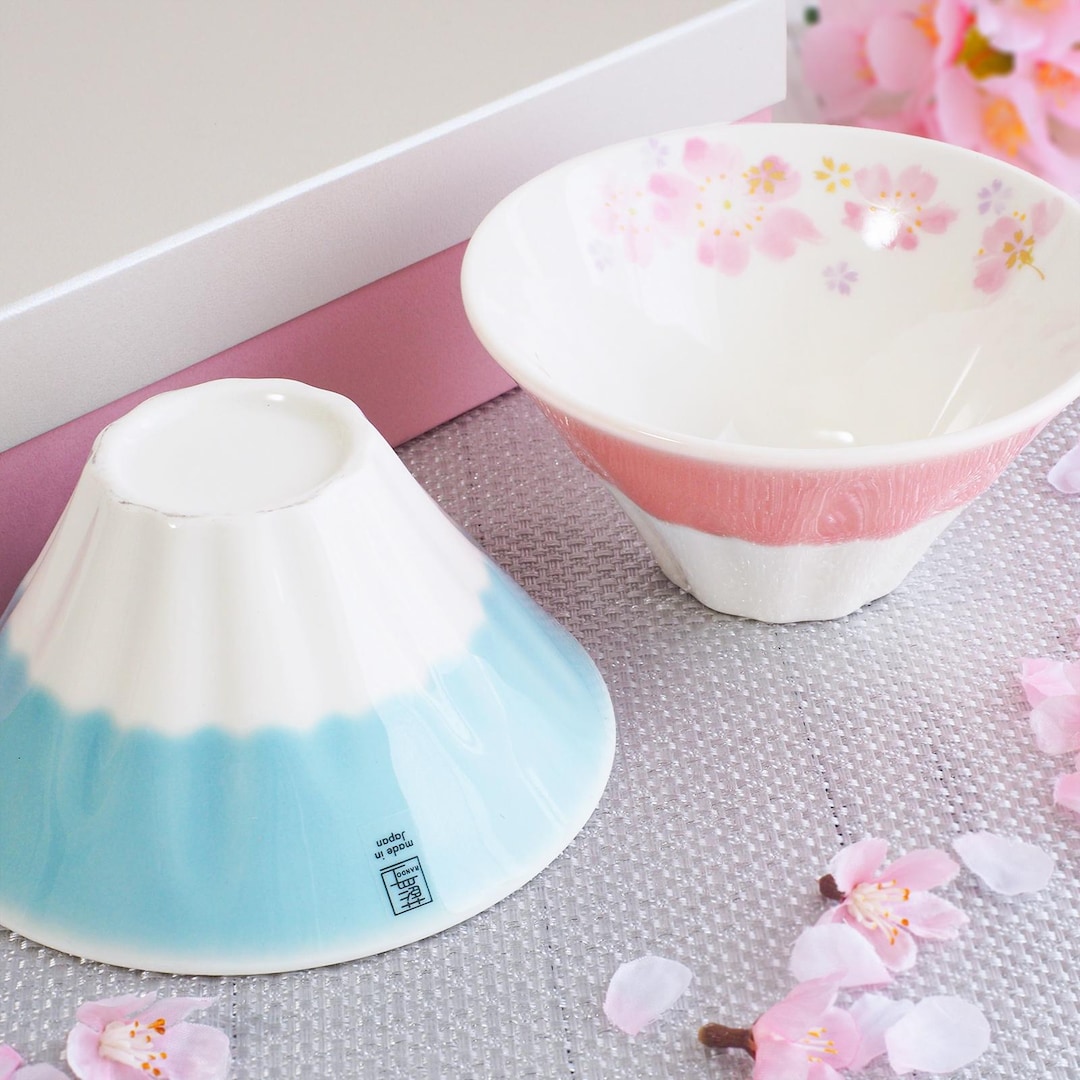 Japanese Sakura Rice Bowl Set of 2 Mt Fuji Design Cherry Blossom Gold ...