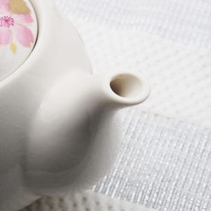 Pu&ograve; includere: Una teiera in ceramica bianca con un motivo floreale sul coperchio. La teiera ha un beccuccio curvo e una finitura liscia e lucida. Il coperchio presenta fiori di ciliegio rosa con accenti dorati.