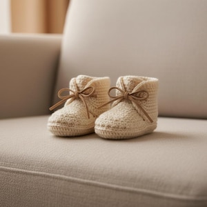 May include: A pair of cream-colored, crocheted baby booties with brown leather laces tied in bows. The booties are placed on a neutral-toned, textured surface, suggesting a cozy and handmade aesthetic. The image evokes a sense of warmth and new beginnings.