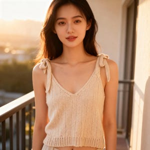 May include: A beige knitted tank top with a V-neck and tie straps. The top is made of a ribbed knit fabric. The model is standing on a balcony with a metal railing.
