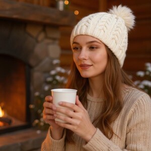 May include: A woman wearing a cream-colored cable knit beanie with a pom-pom and a matching sweater, holding a white cup. A fireplace with a burning fire is in the background, creating a cozy, warm atmosphere.