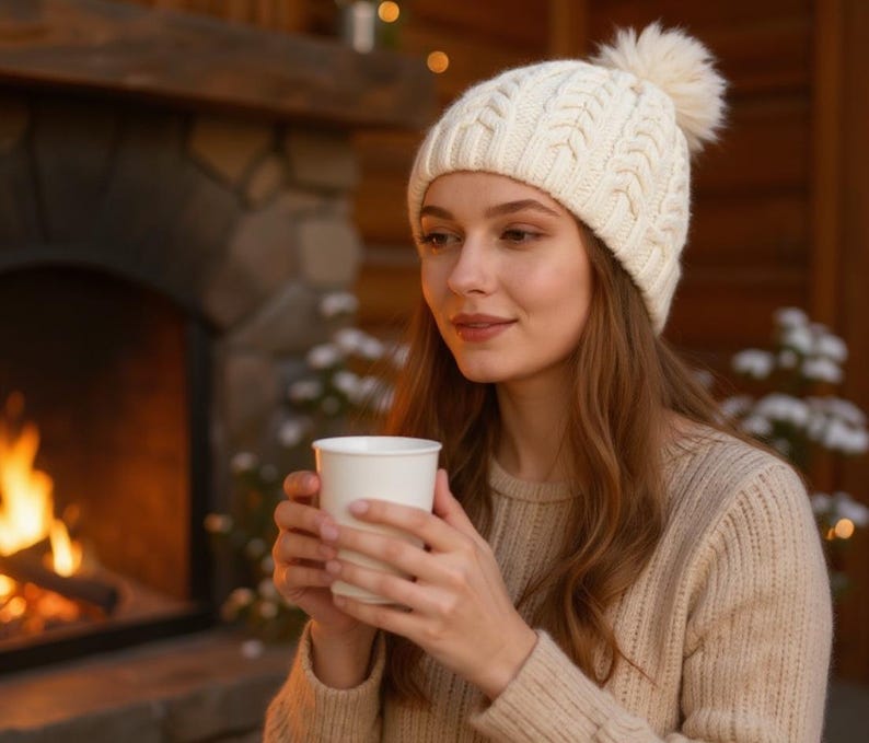 May include: A woman wearing a cream-colored cable knit beanie with a pom-pom and a matching sweater, holding a white cup. A fireplace with a burning fire is in the background, creating a cozy, warm atmosphere.