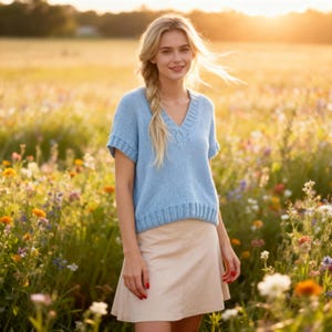 May include: A light blue, short-sleeved sweater with a V-neck and a beige skirt. The woman is standing in a field of wildflowers, with the sun setting in the background. The sweater has a ribbed hem and cuffs.