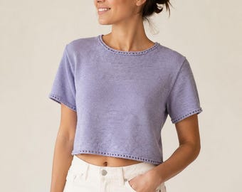 Patron PDF de crop top d'été tricoté, T-shirt à manches courtes facile à réaliser pour femme, en fil de coton mélangé sans couture, idéal pour les débutantes.