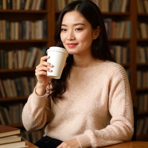 Peut inclure: Une personne portant un pull rose clair tient une tasse à café en papier blanche. L'arrière-plan montre une bibliothèque avec des étagères remplies de livres. La personne sourit, possiblement en train de boire.