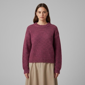 May include: A crew neck sweater in a speckled burgundy color. The sweater has a ribbed texture and long sleeves. The model is wearing a tan skirt. The background is a solid light gray.