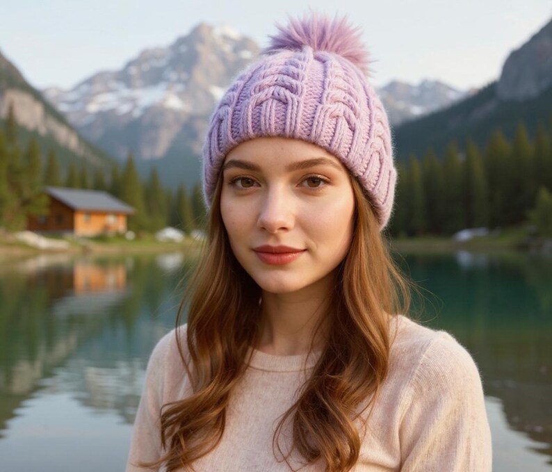 May include: A light purple cable-knit beanie with a matching pom-pom. The hat is worn by a person with long brown hair, a light pink sweater, and a scenic mountain and lake backdrop.