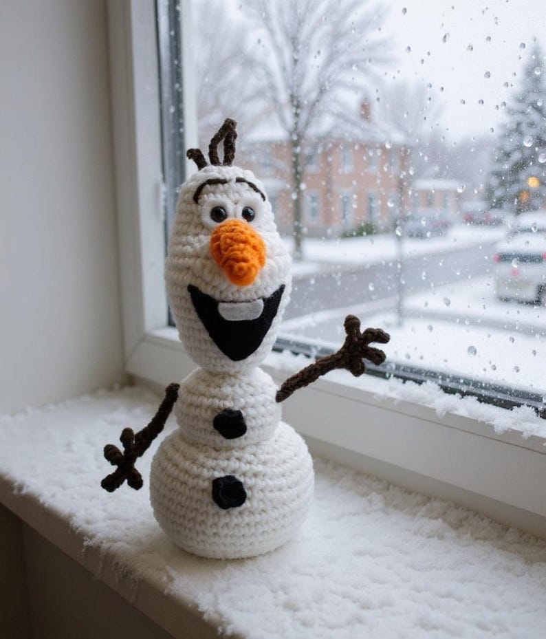 May include: A crocheted snowman with a carrot nose, black coal buttons, and twig arms. The snowman is white with a black smile and eyebrows. It is sitting on a windowsill with a snowy background.
